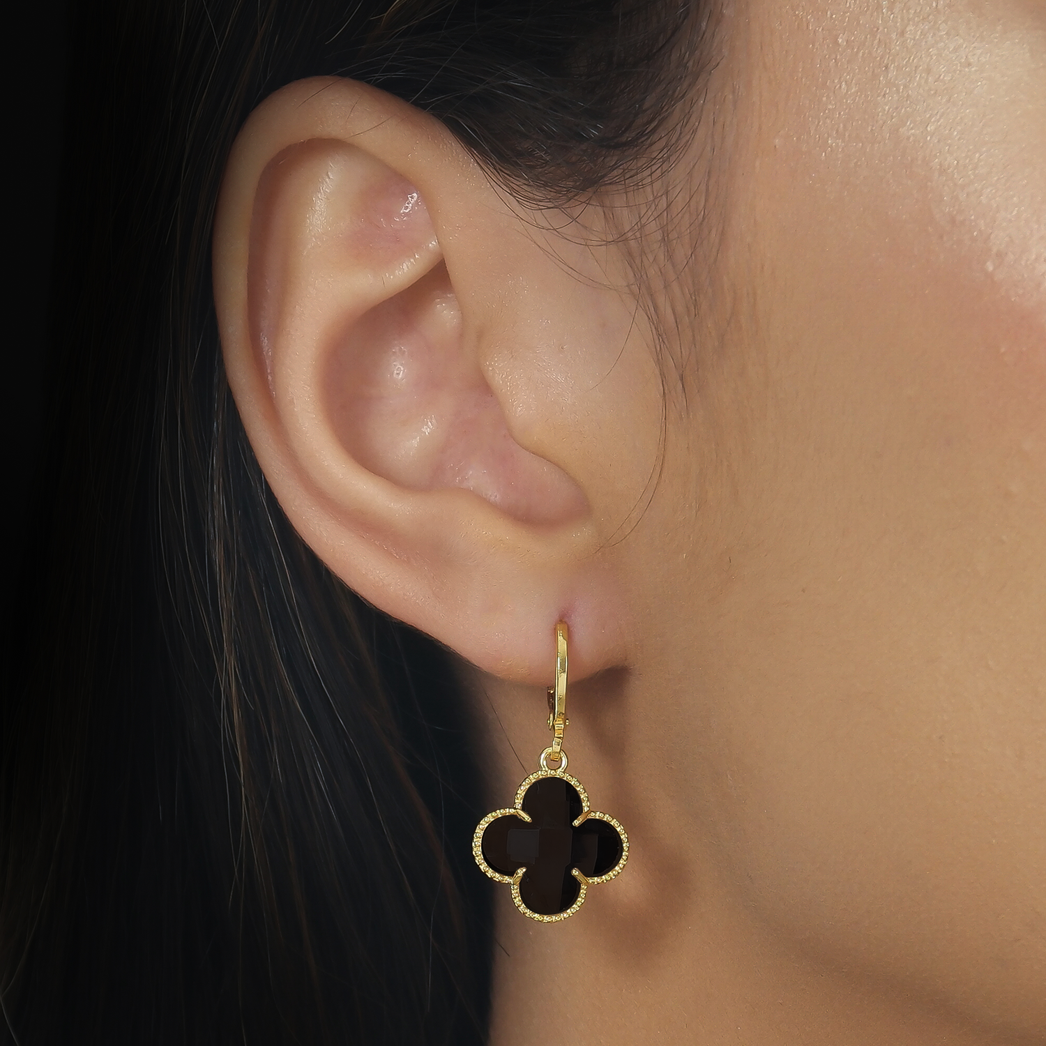 24K Gold Clover Earrings with Black Zirconia