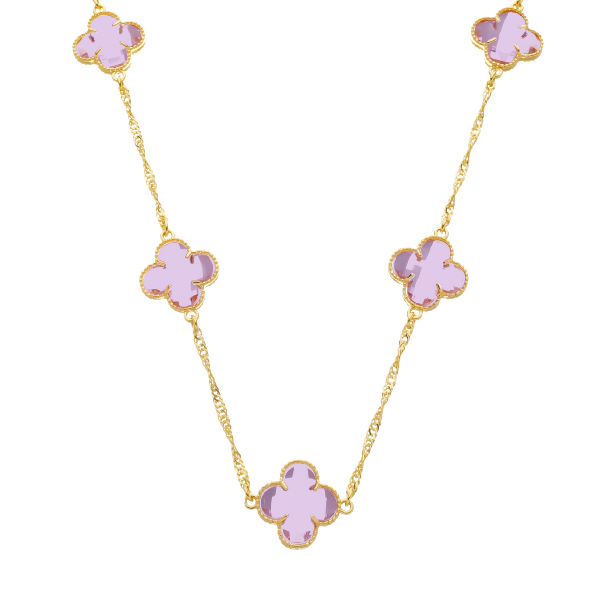 24K Gold Necklace with 5 Pink Clovers