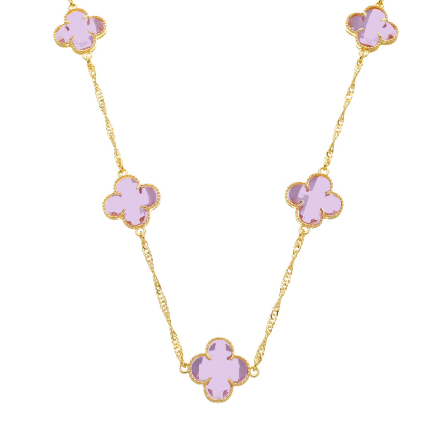 24K Gold Necklace with 5 Pink Clovers