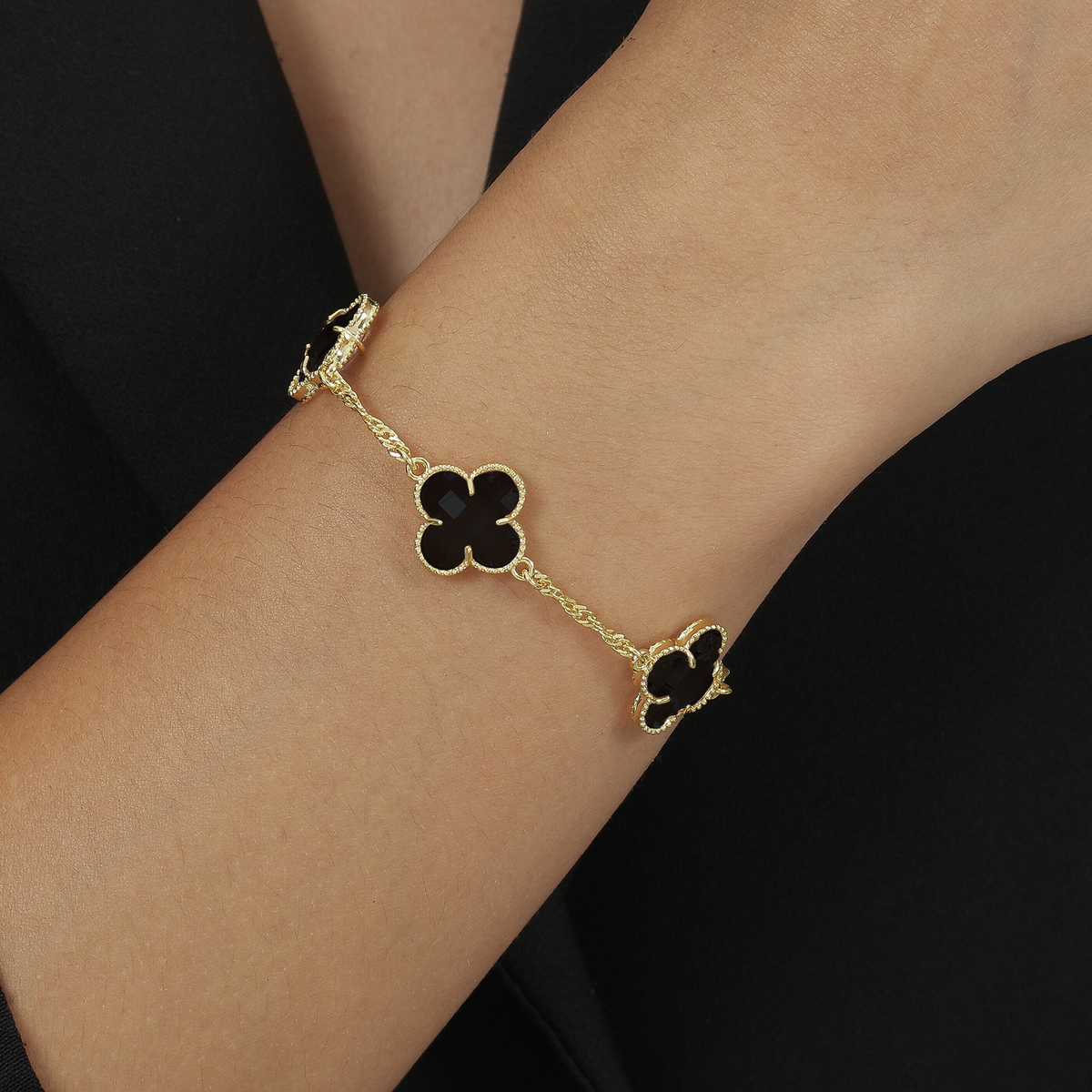 24K Gold Bracelet with Black Zirconia Clovers