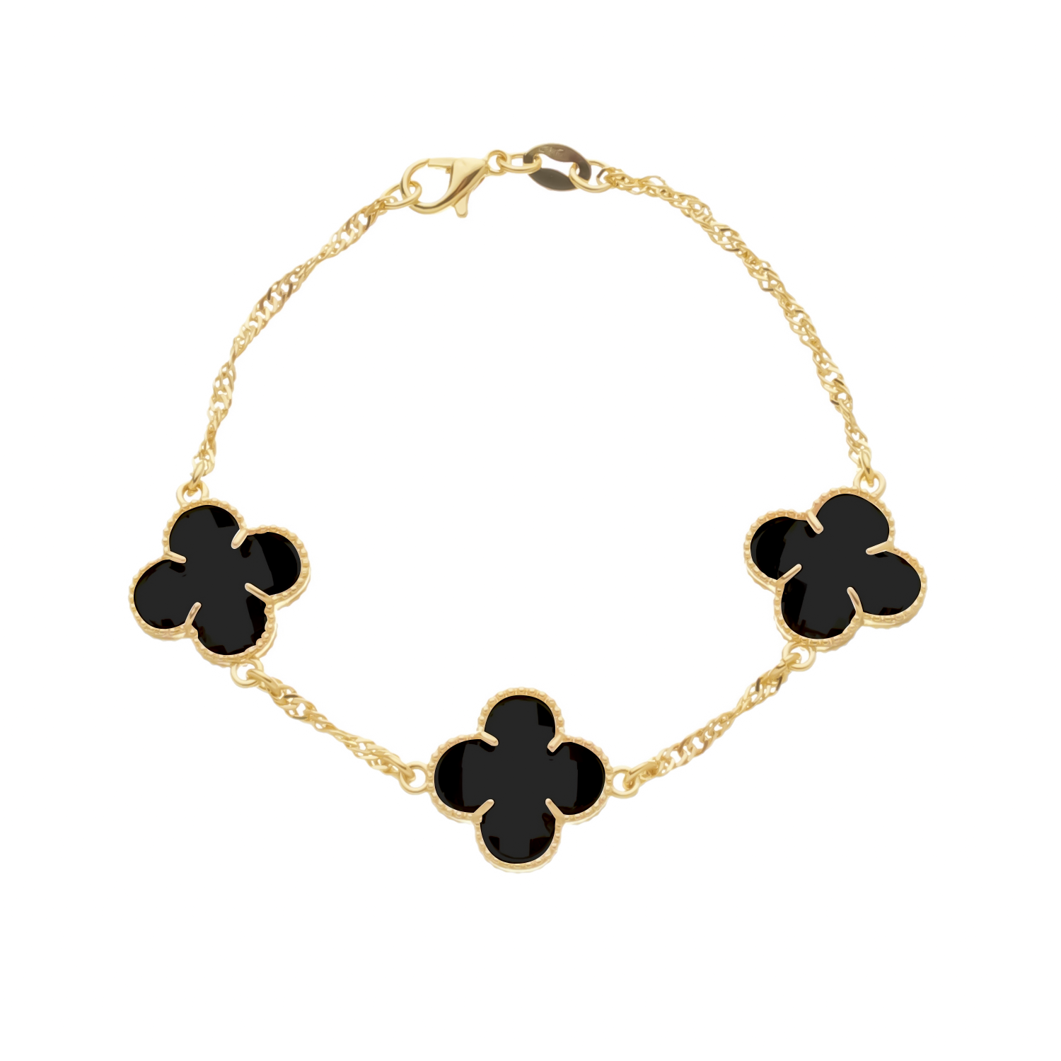 24K Gold Bracelet with Black Zirconia Clovers