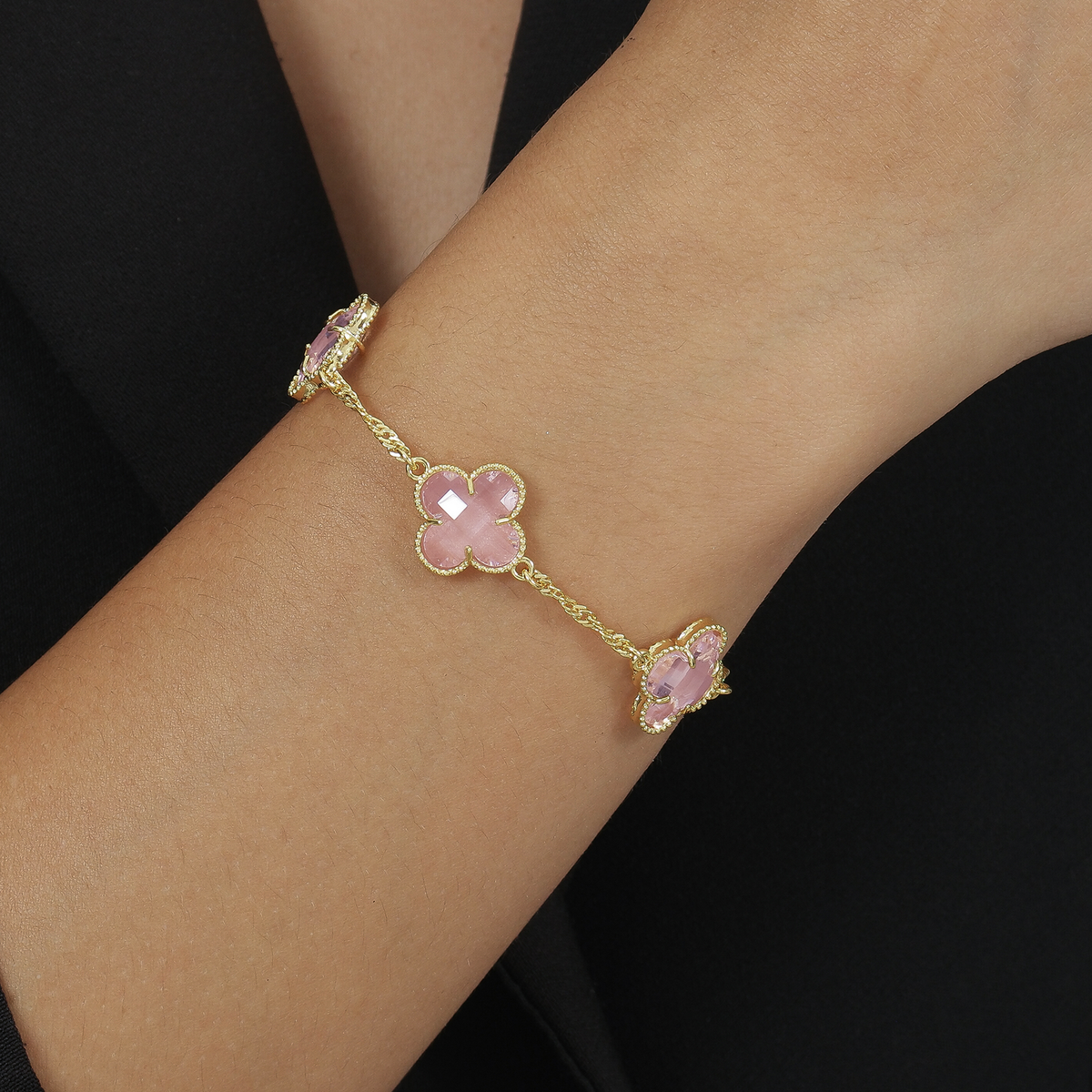24K Gold Bracelet with Pink Zirconia Clovers