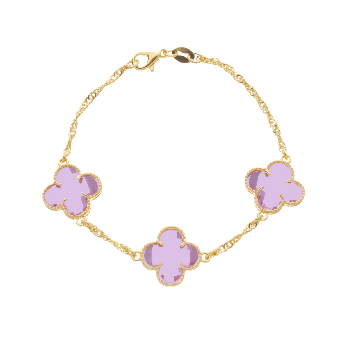 24K Gold Bracelet with Pink Zirconia Clovers