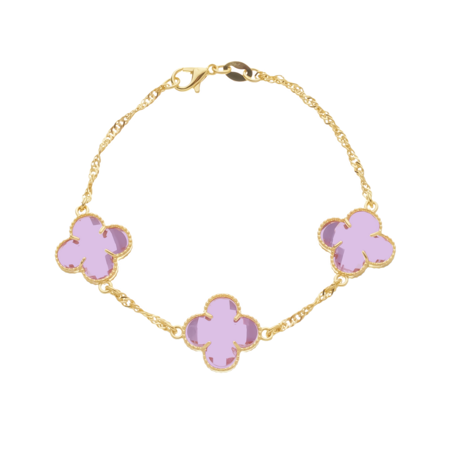 24K Gold Bracelet with Pink Zirconia Clovers