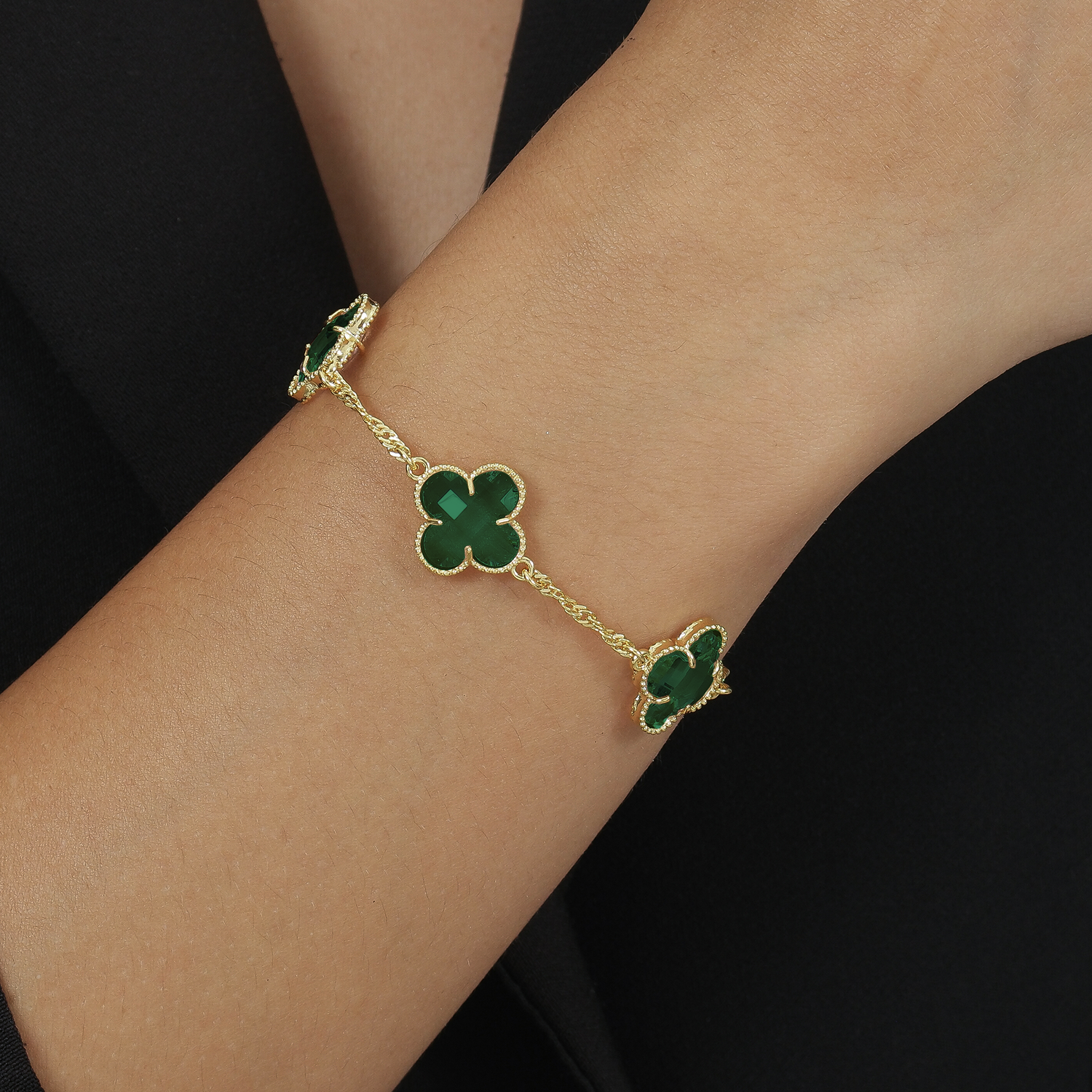 24K Gold Bracelet with Green Zirconia Clovers