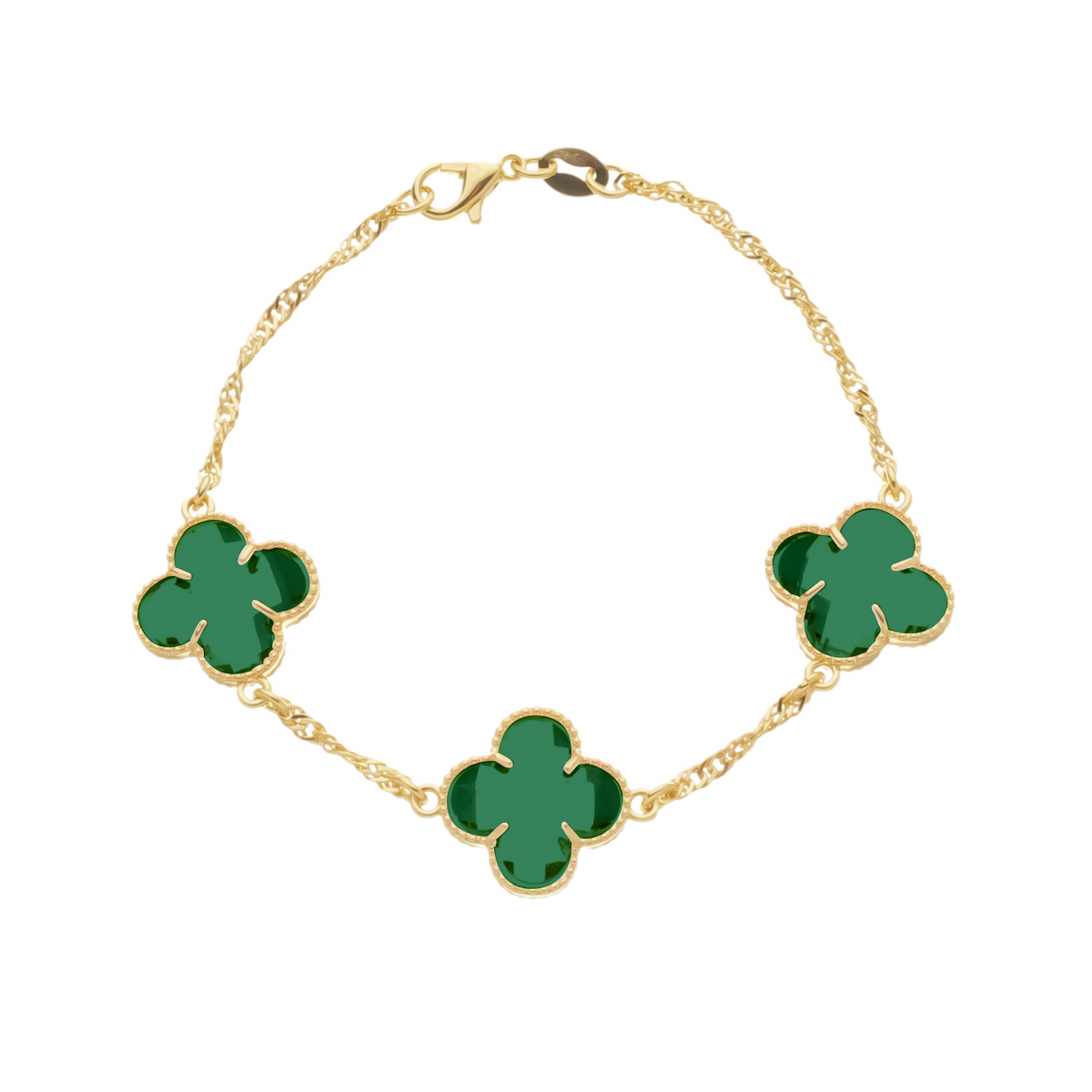 24K Gold Bracelet with Green Zirconia Clovers