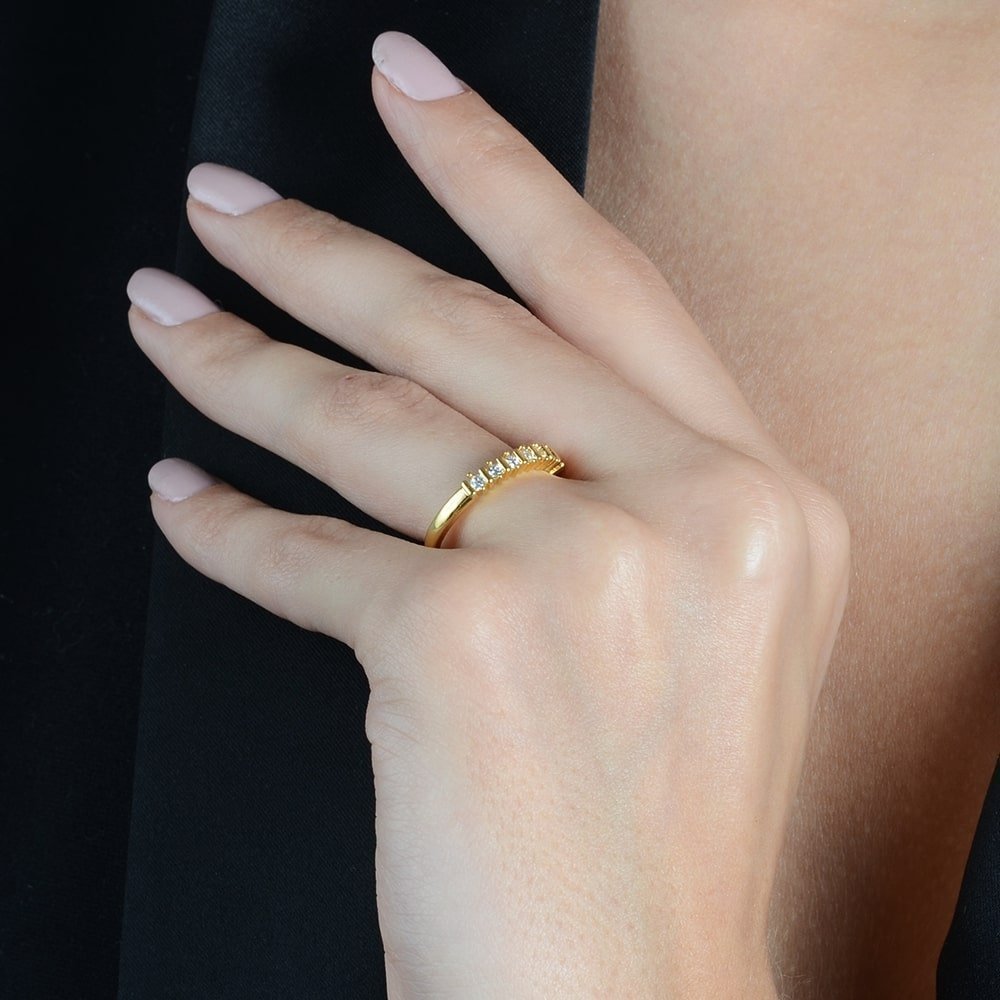 Gold Pavé Wedding Band Ring with 7 Zirconia Stones