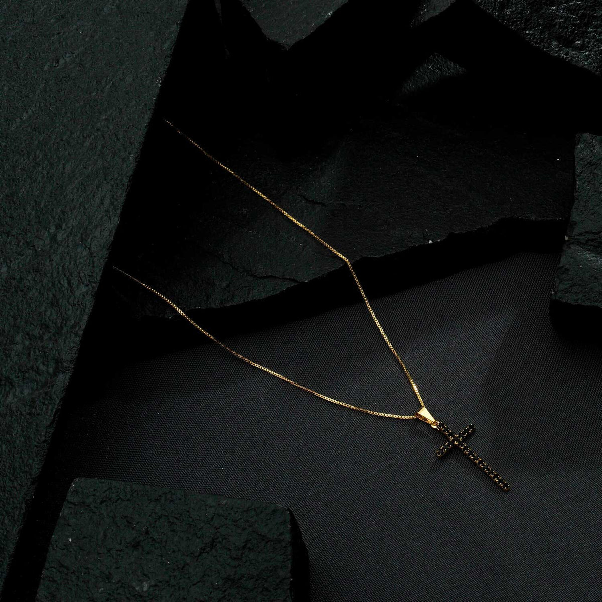 Gold Cross Necklace with Black Natural Stone