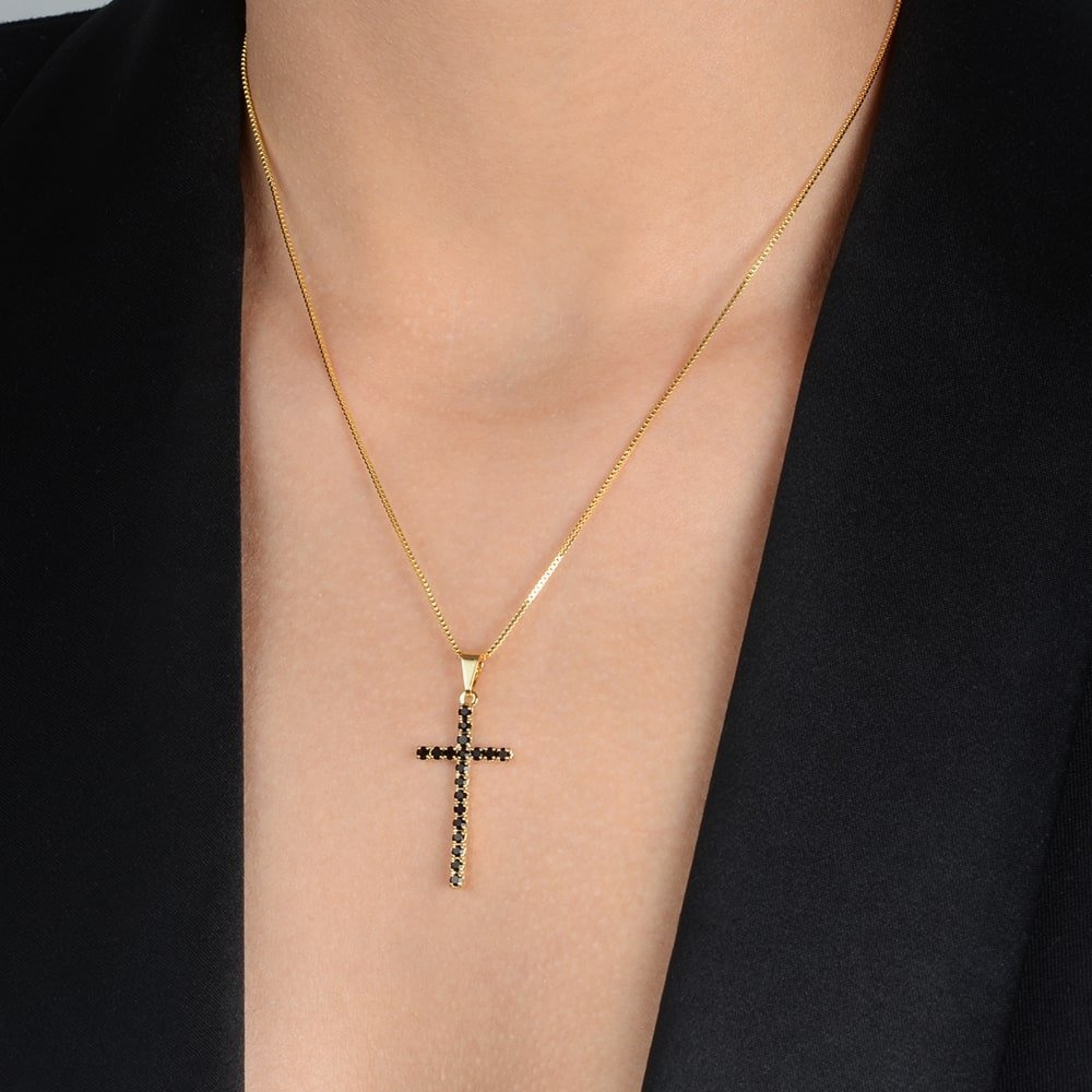 Gold Cross Necklace with Black Natural Stone