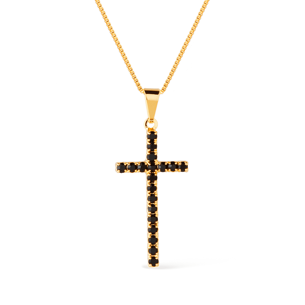 Gold Cross Necklace with Black Natural Stone