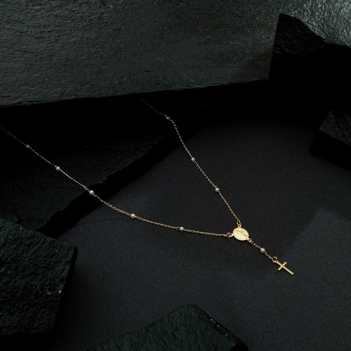 Gold Religious Rosary Necklace with Cross and Pearls