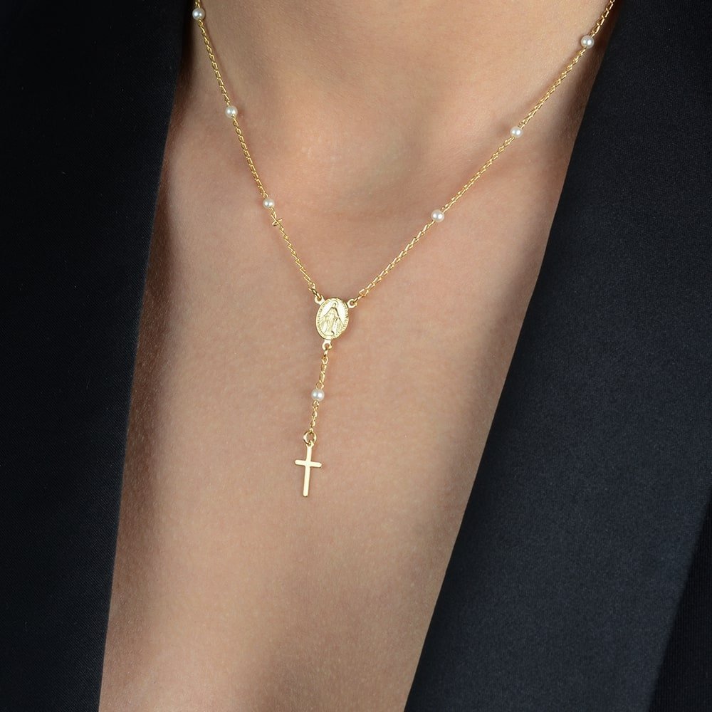 Gold Religious Rosary Necklace with Cross and Pearls