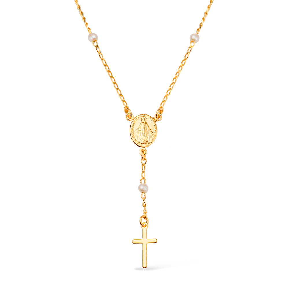 Gold Religious Rosary Necklace with Cross and Pearls