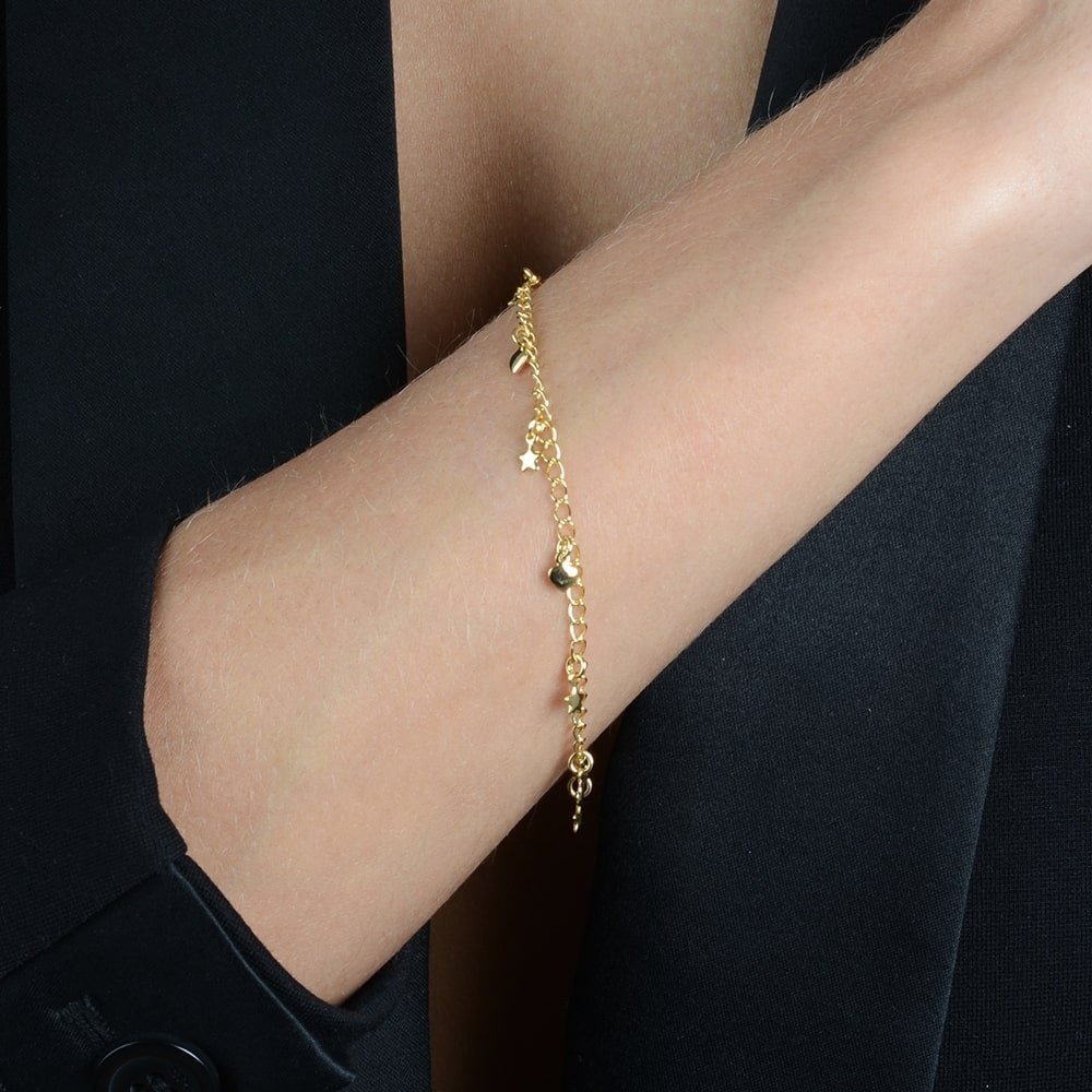 24K Gold Bracelet with Heart and Star Charms