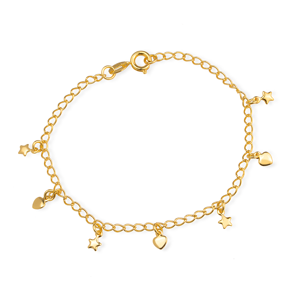 24K Gold Bracelet with Heart and Star Charms