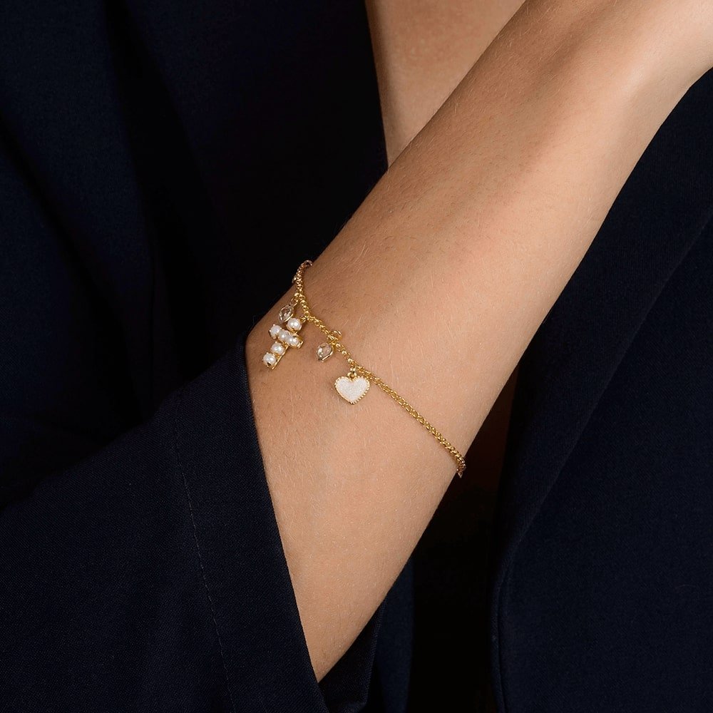 Pearl Bracelet with Cross, Heart, Mother-of-Pearl, and Point of Light